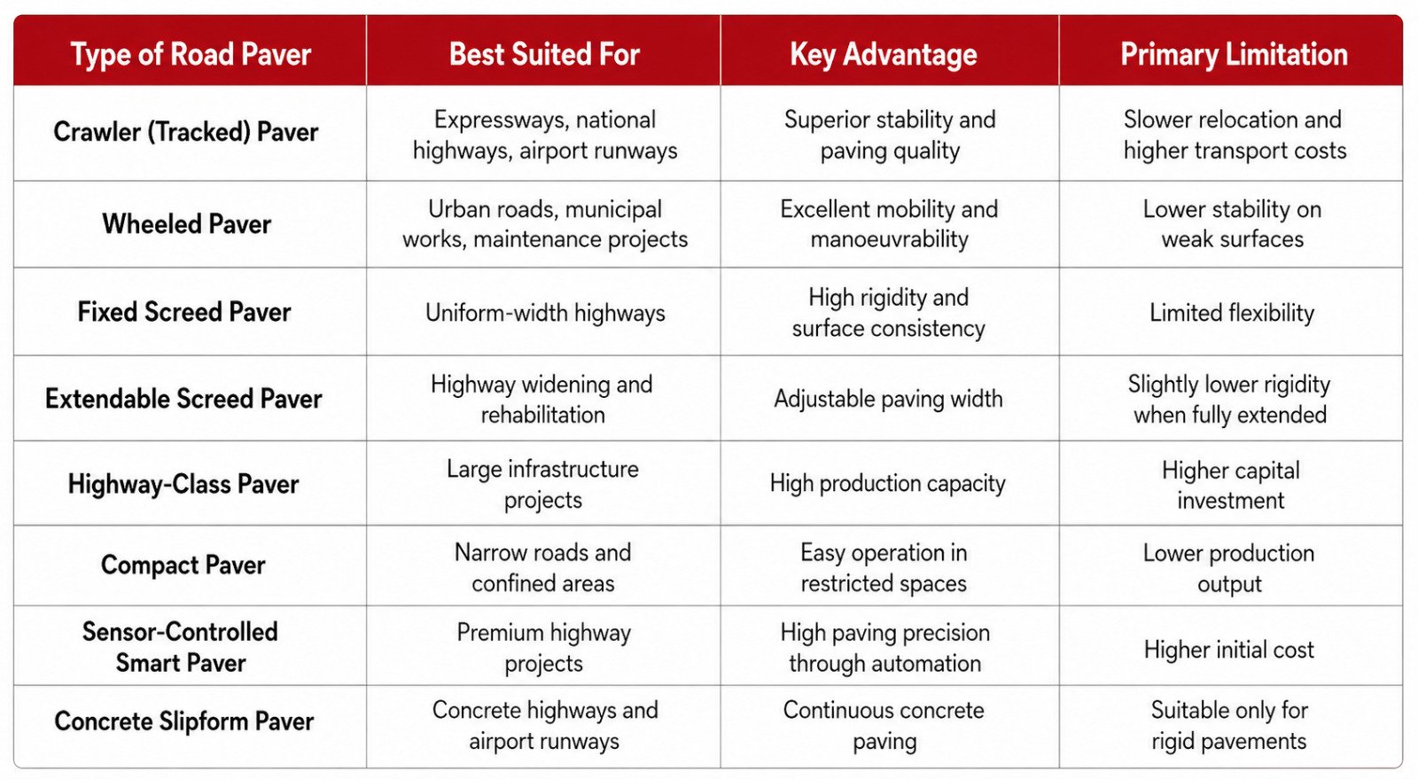 Road paver types, applications, advantages, and limitations